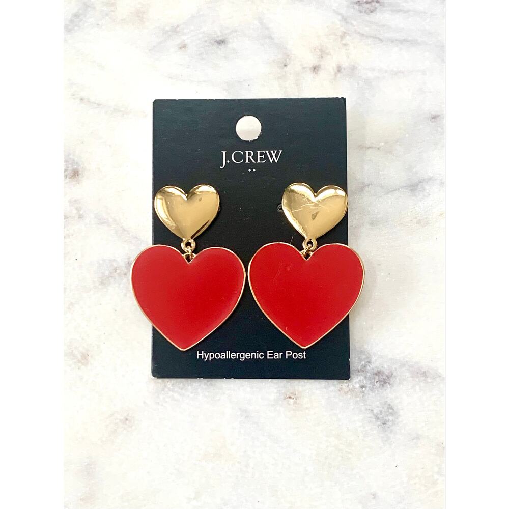 J. Crew Gold and Red Enamel Heart Dangle Statement Earrings NWT - Picture 3 of 6